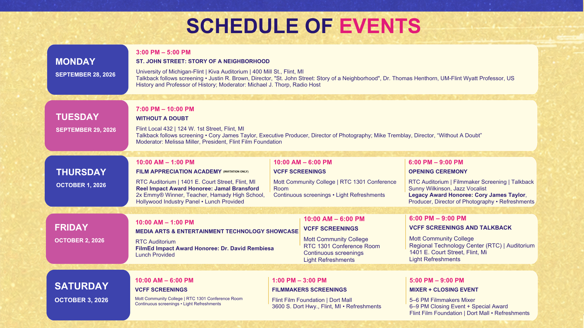 VCFF schedule